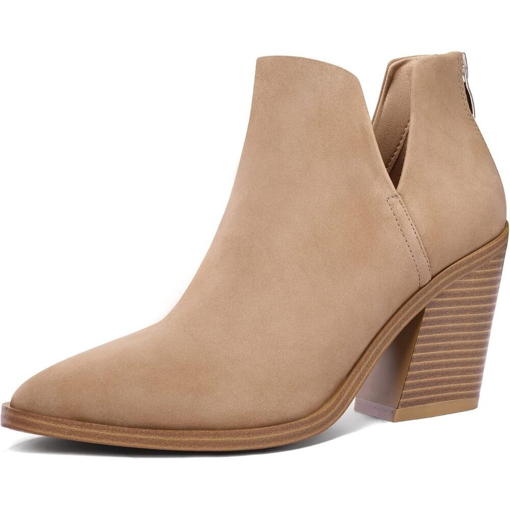 Mysoft Women's Light Brown Pu Chunky Mid Heel Slip on Toe Stacked Ankle Boots